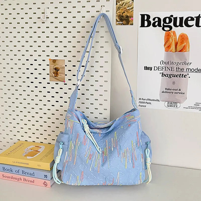 Contrast Texture Shoulder Bag - Light Blue - View 13