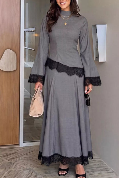 Lace Detail Mock Neck Top and Skirt Set - Dark Gray - View 5