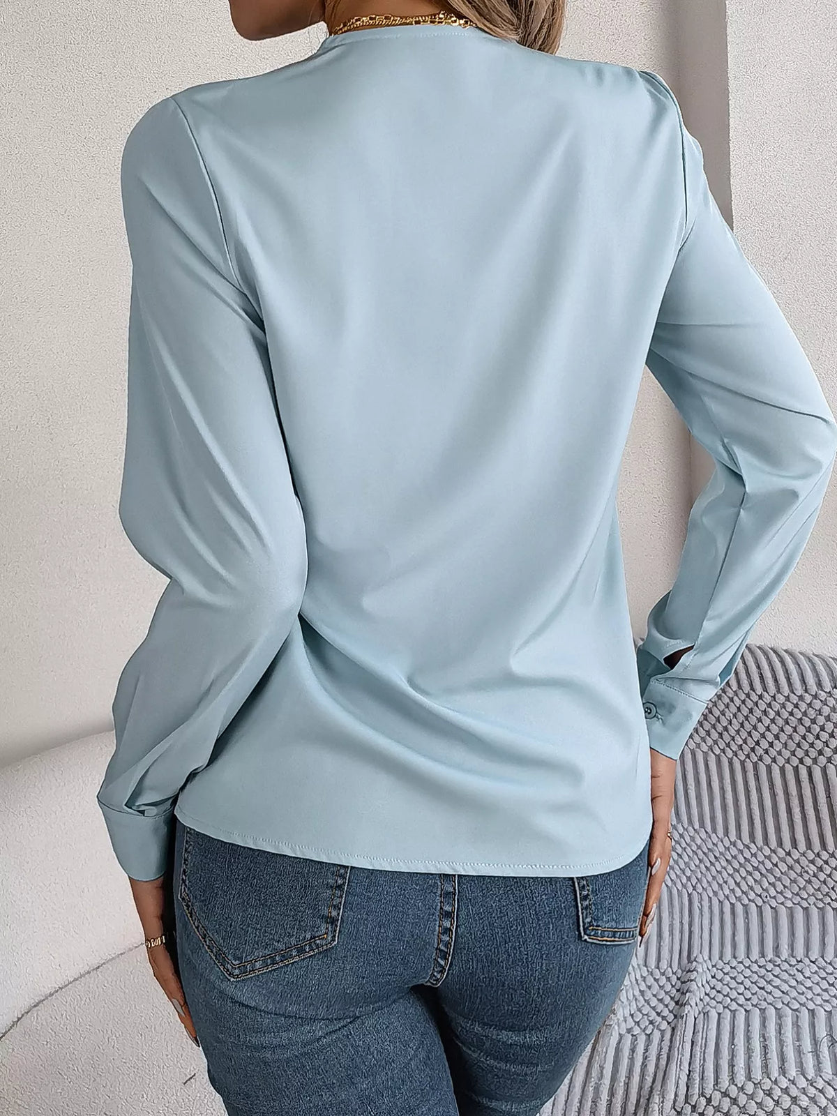Layered V-Neck Long Sleeve Blouse - Light Blue - View 2