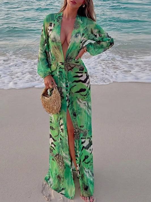 Deep V-Neck Long Sleeve Printed Maxi Dress - Green - View 1