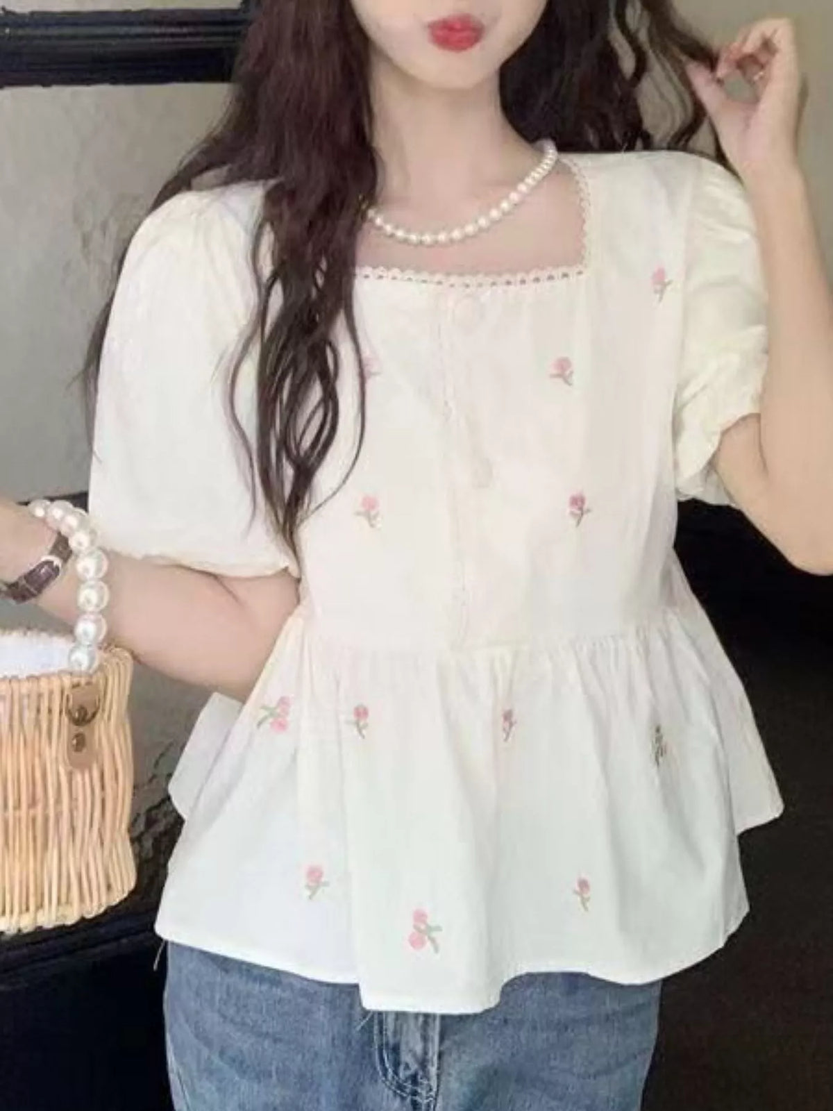 Floral Embroidered Puff Sleeve Peplum Blouse - Picture Color - View 6