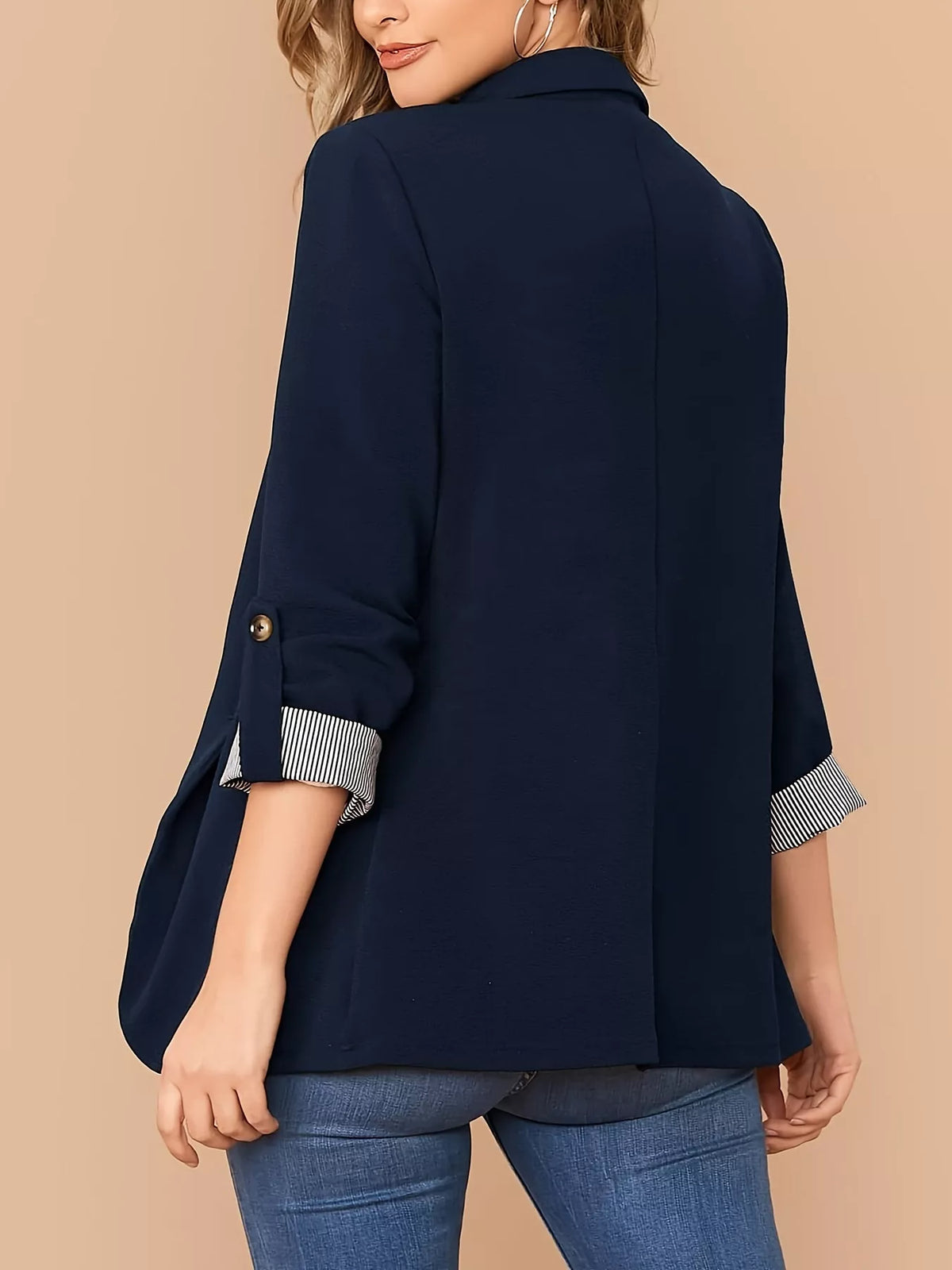 One Button Roll-Up Sleeve Blazer - Navy Blue - View 4