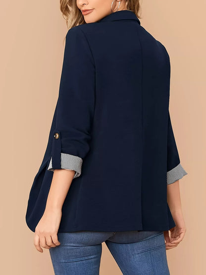 One Button Roll-Up Sleeve Blazer - Navy Blue - View 4