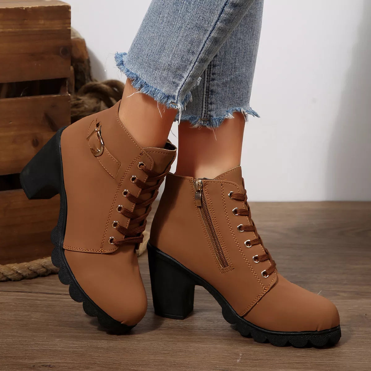 Lace Up Block Heels Boots - Brown - View 5