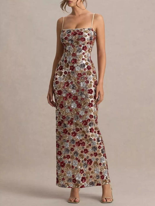 Slit Floral Sequin Bodycon Maxi Dress - product photo 2