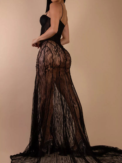 Sweetheart Neck Sheer Lace Maxi Dress - Black - Styled Three Quarter Rear View