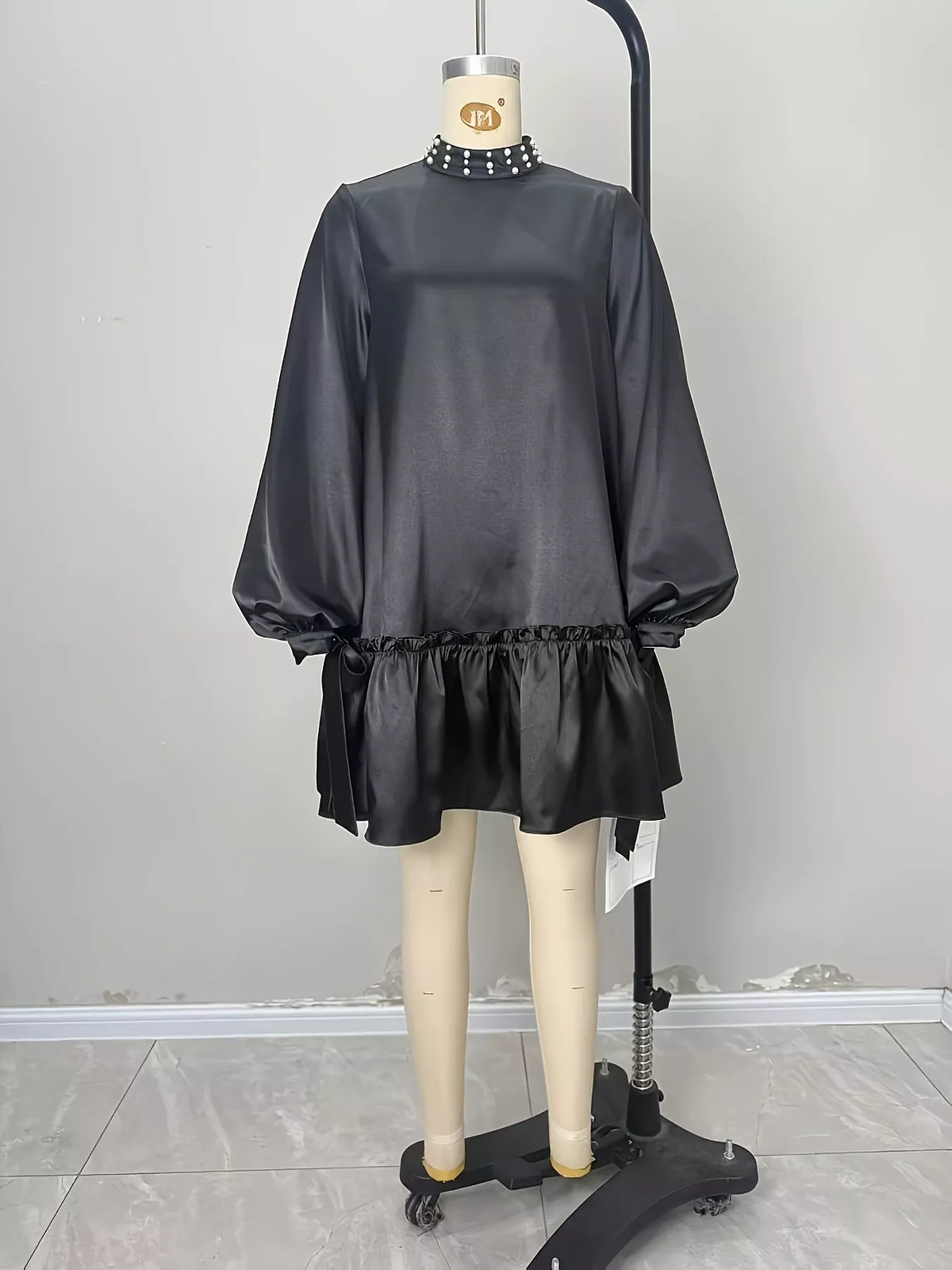 Pearl-Embellished Mock Neck Ruffle Hem Dress - Black - View 5