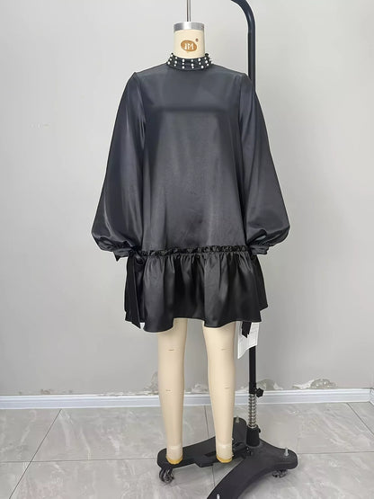 Pearl-Embellished Mock Neck Ruffle Hem Dress - Black - View 5