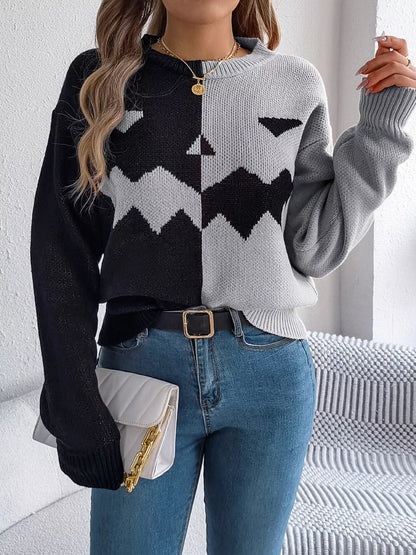 Pumpkin Face Graphic Two Tone Sweater - Orange - View 6
