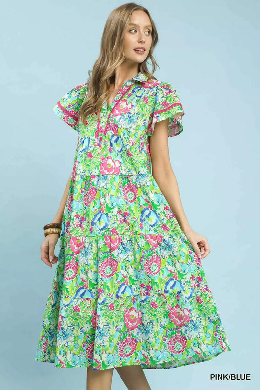 Umgee Bold Mixed Floral Tiered Midi Dress - PINK / BLUE - View 2