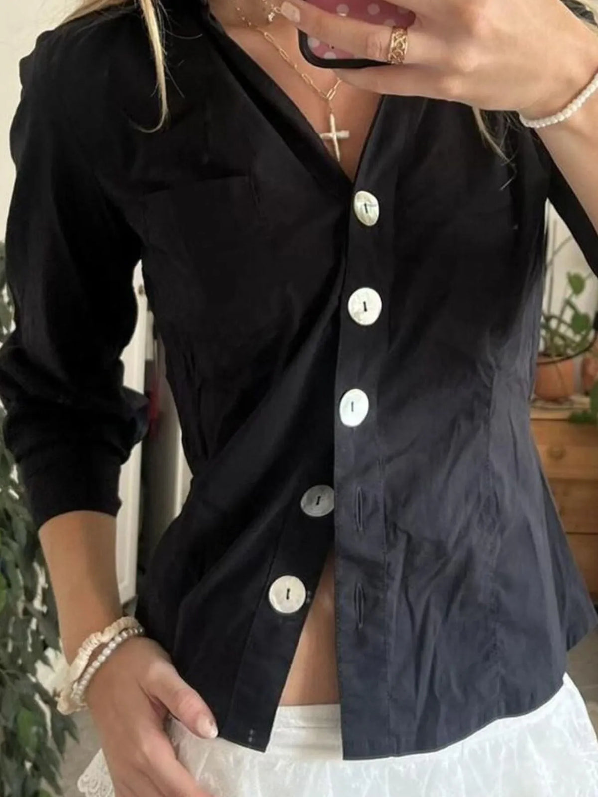 Collared Neck Button-Down Shirt - Black - View 5