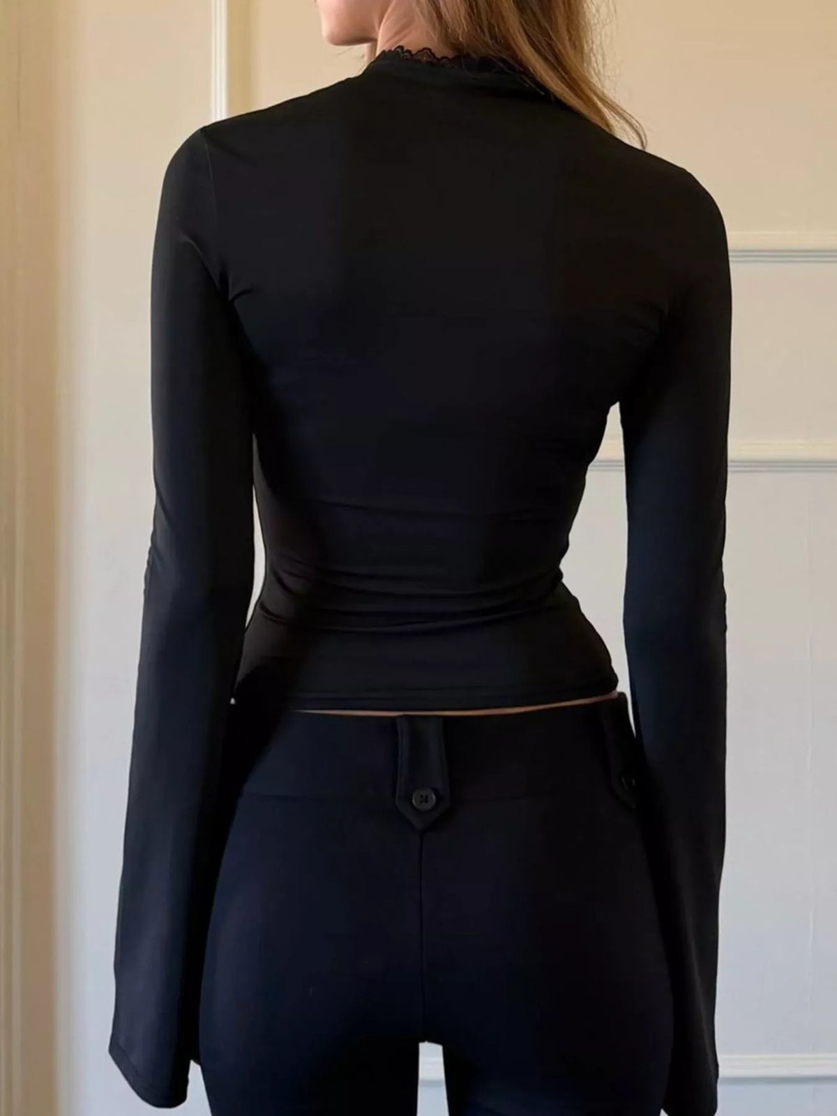 Lace-Trimmed Keyhole Long Sleeve T-Shirt - Black - View 5