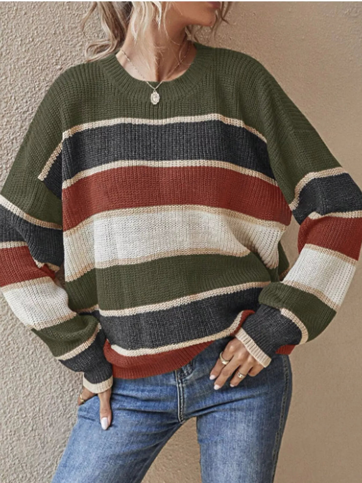 Color Block Striped Crew Neck Sweater - Dark Green - View 2