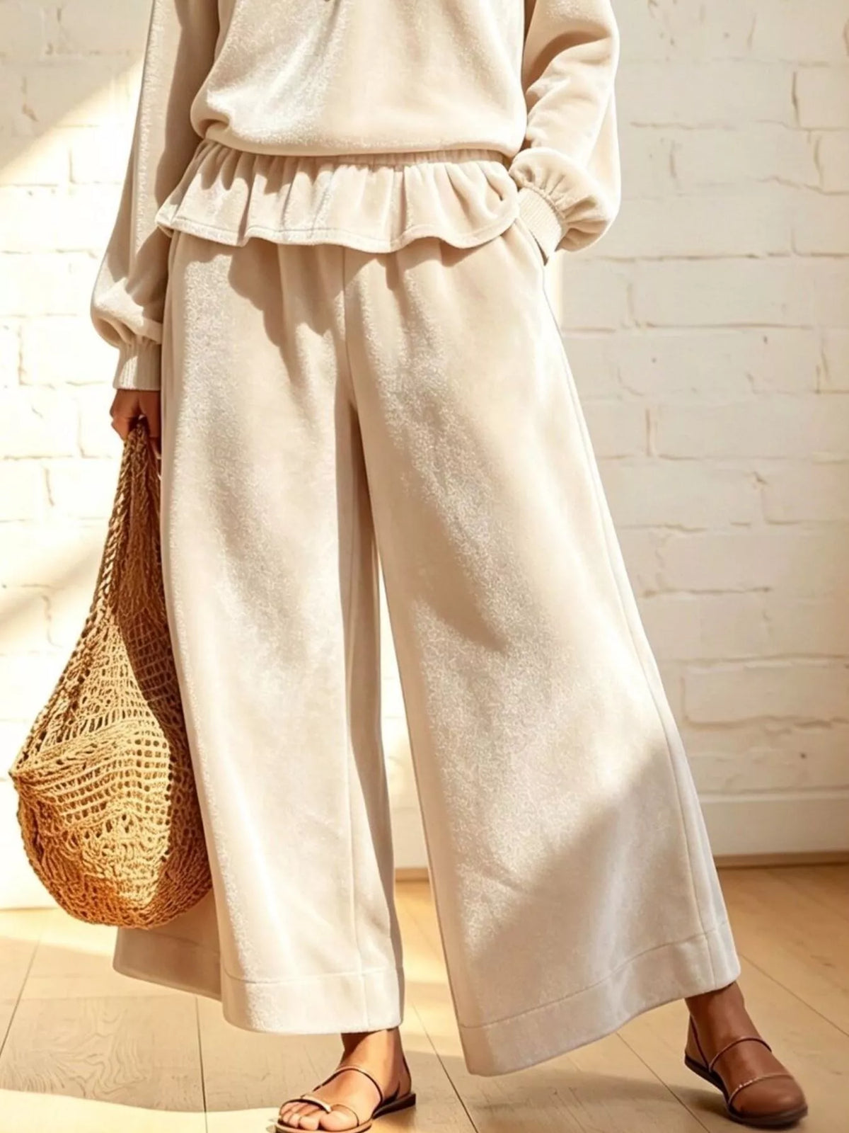 Velvet Peplum Top and Wide-Leg Pants Set - Beige - View 1