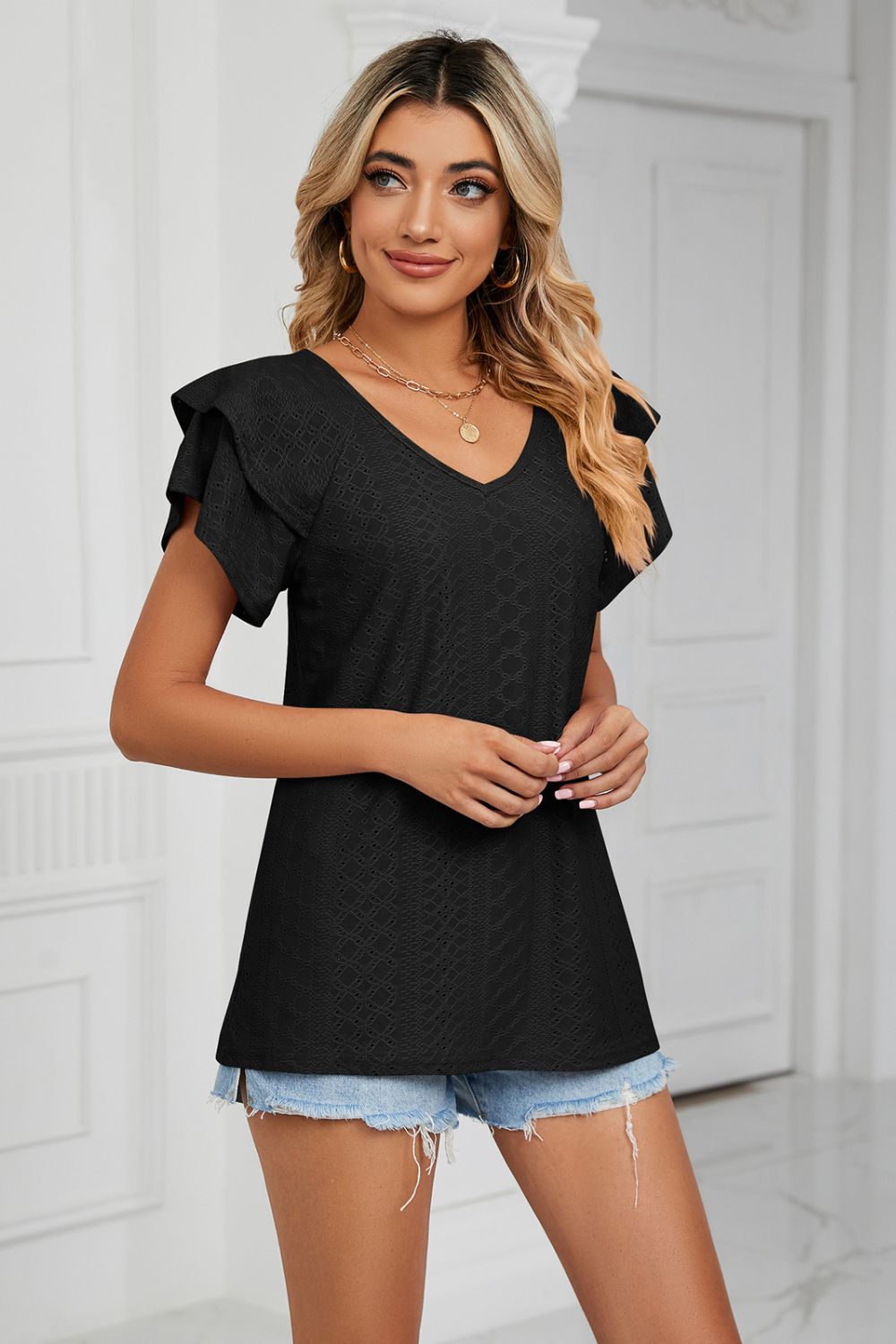 Eyelet Layered Flutter Sleeve V-Neck Knit Top - Black - View 14