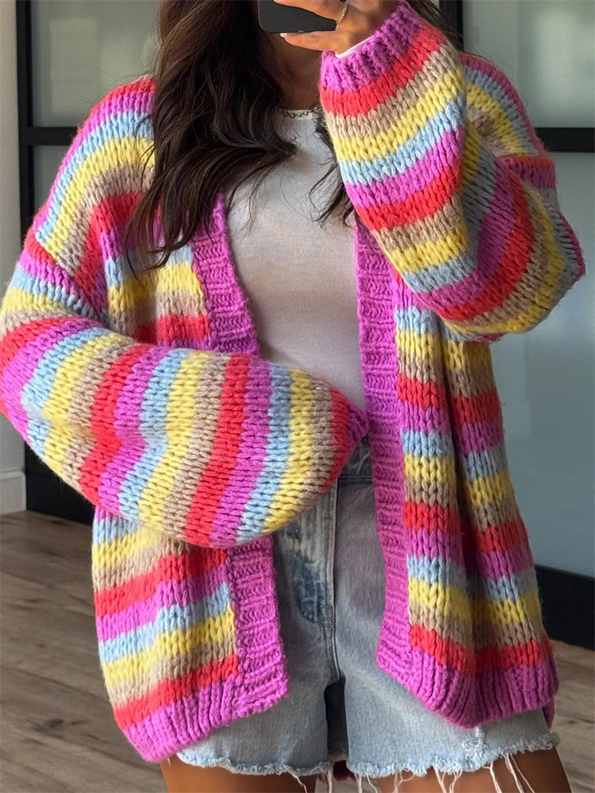 Multi-Color Striped Chunky Knit Open-Front Cardigan - Fuchsia Pink - View 2