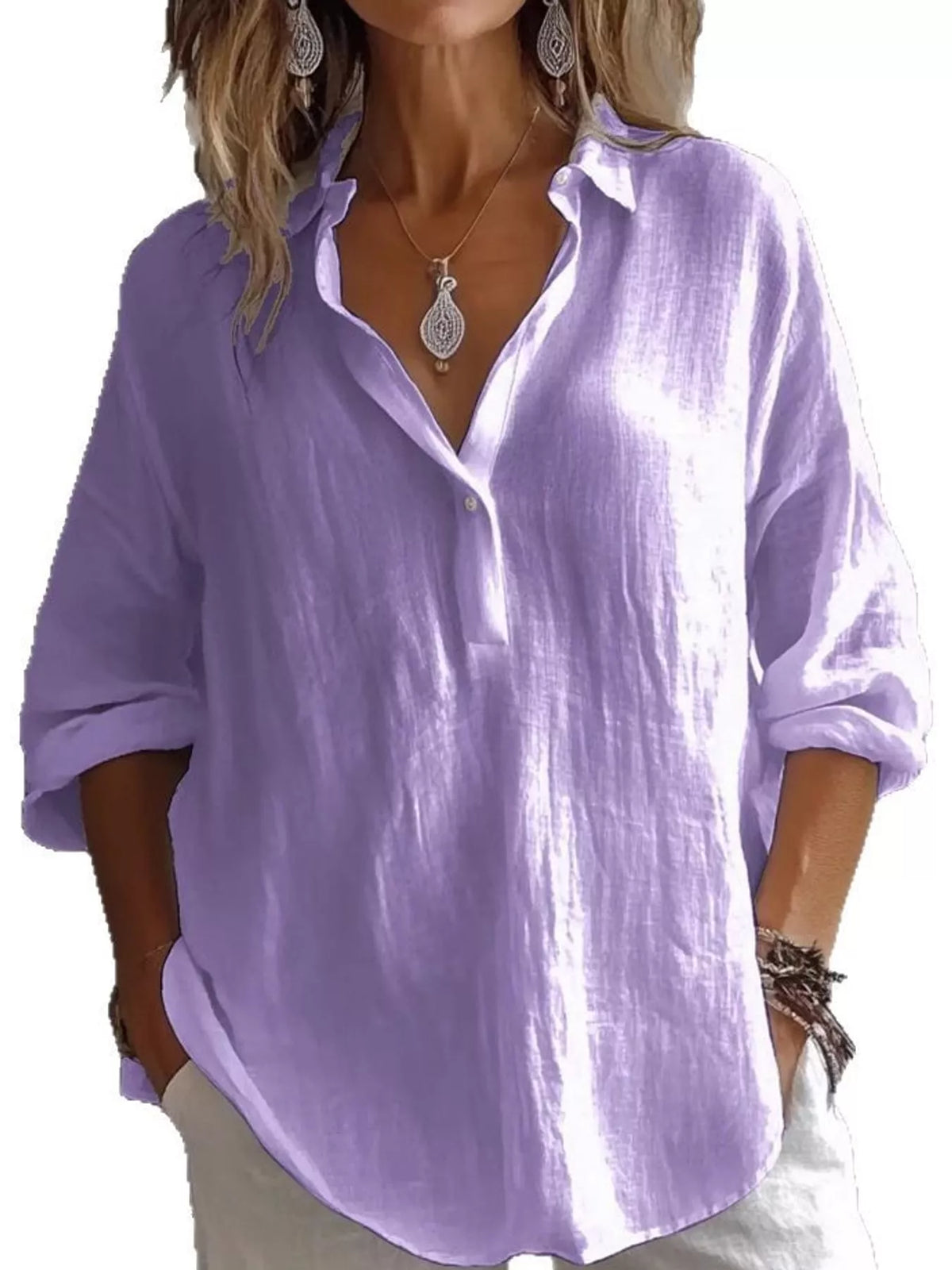 Collared Neck Long Sleeve Blouse - Purple - View 10