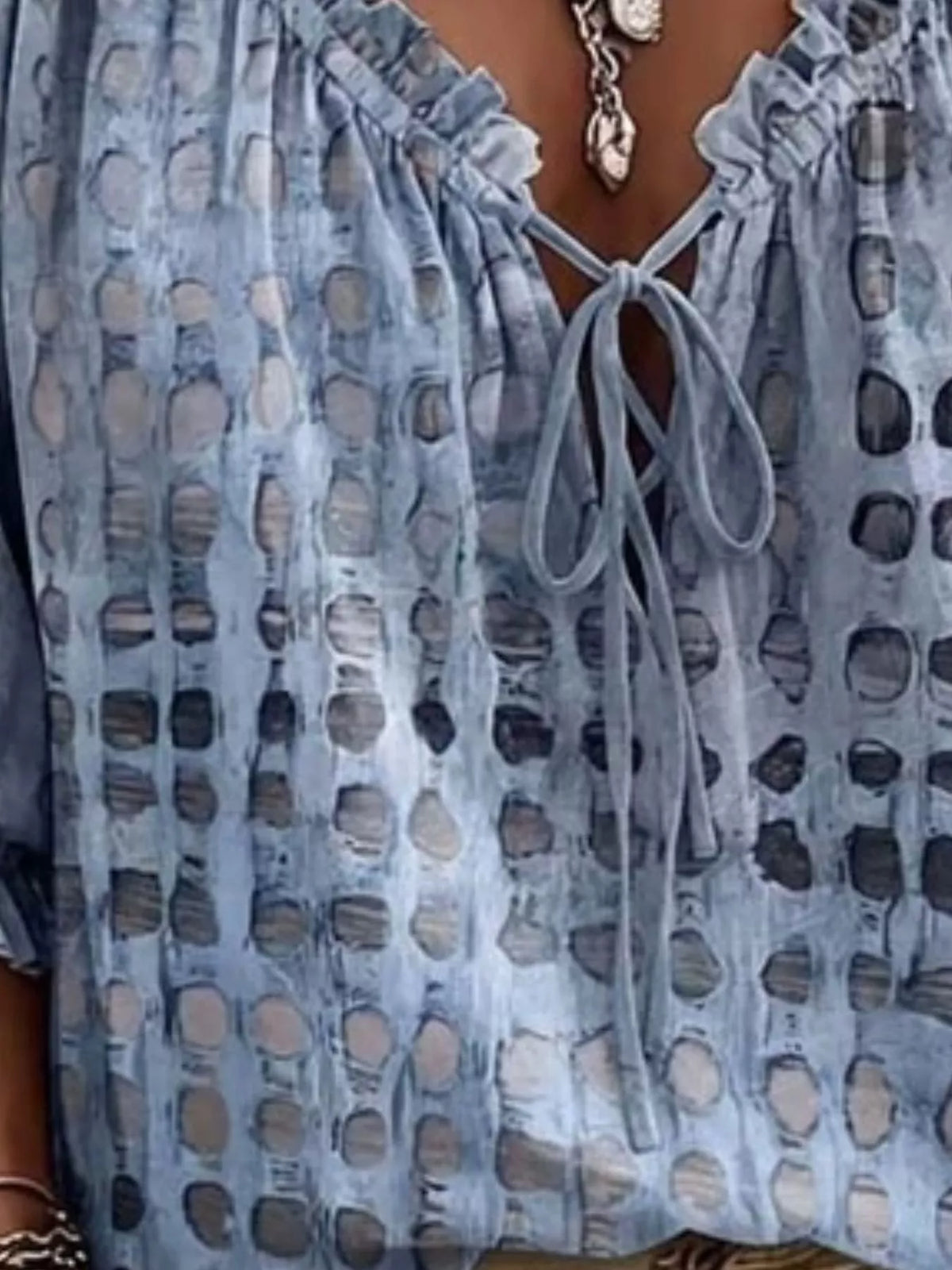 Full Size Tie Neck 3/4 Sleeve Blouse Plus Size - Sky Blue - View 6