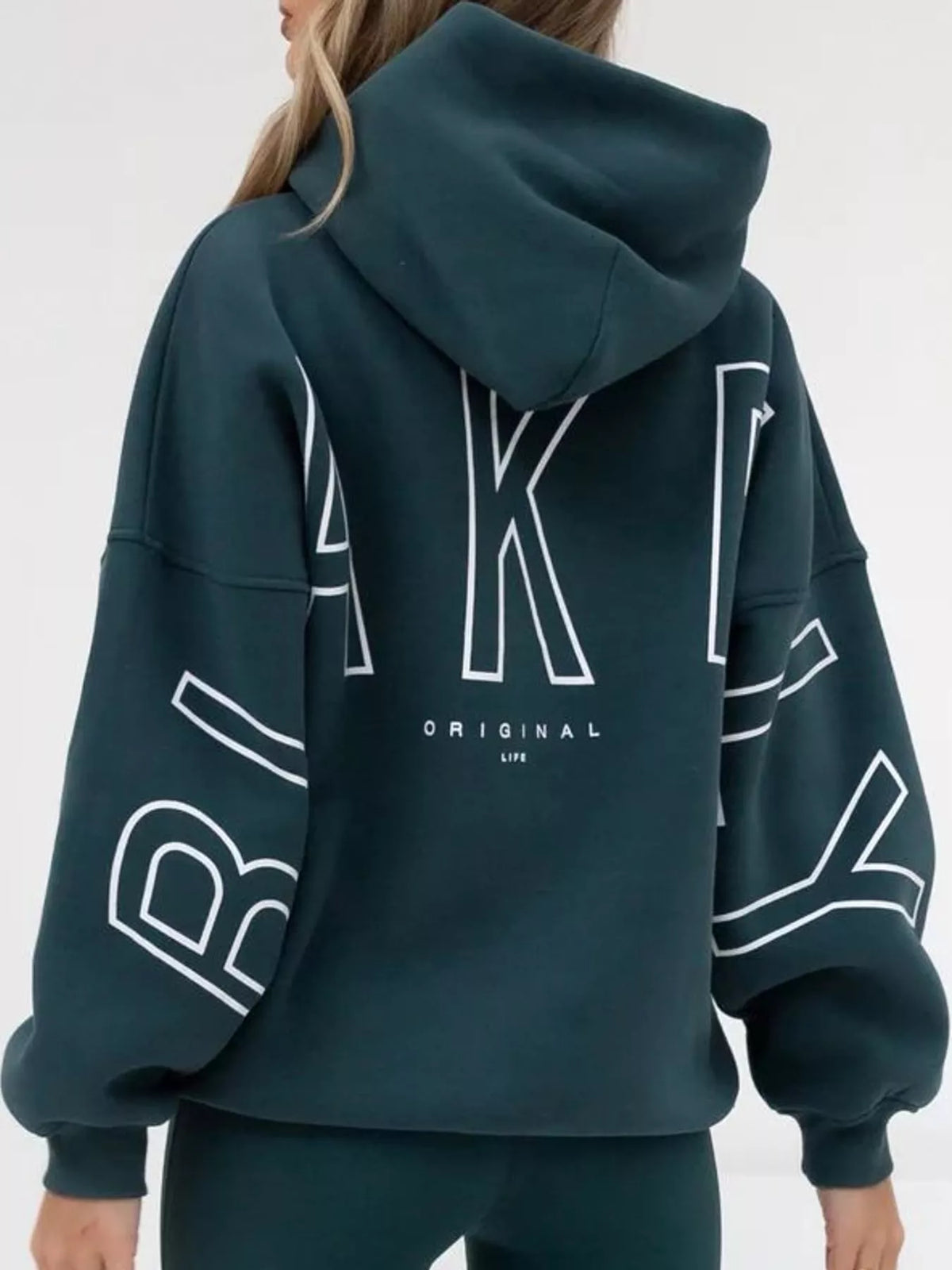 Letter Back Hoodie with Kangaroo Pocket - Dark Green - View 13