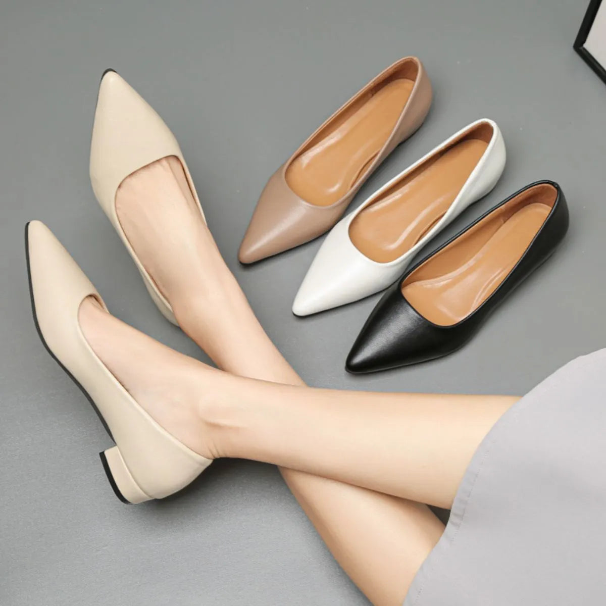 Pointed Toe Low Heel Pump - Off-white, White and Black pumps together - View 5