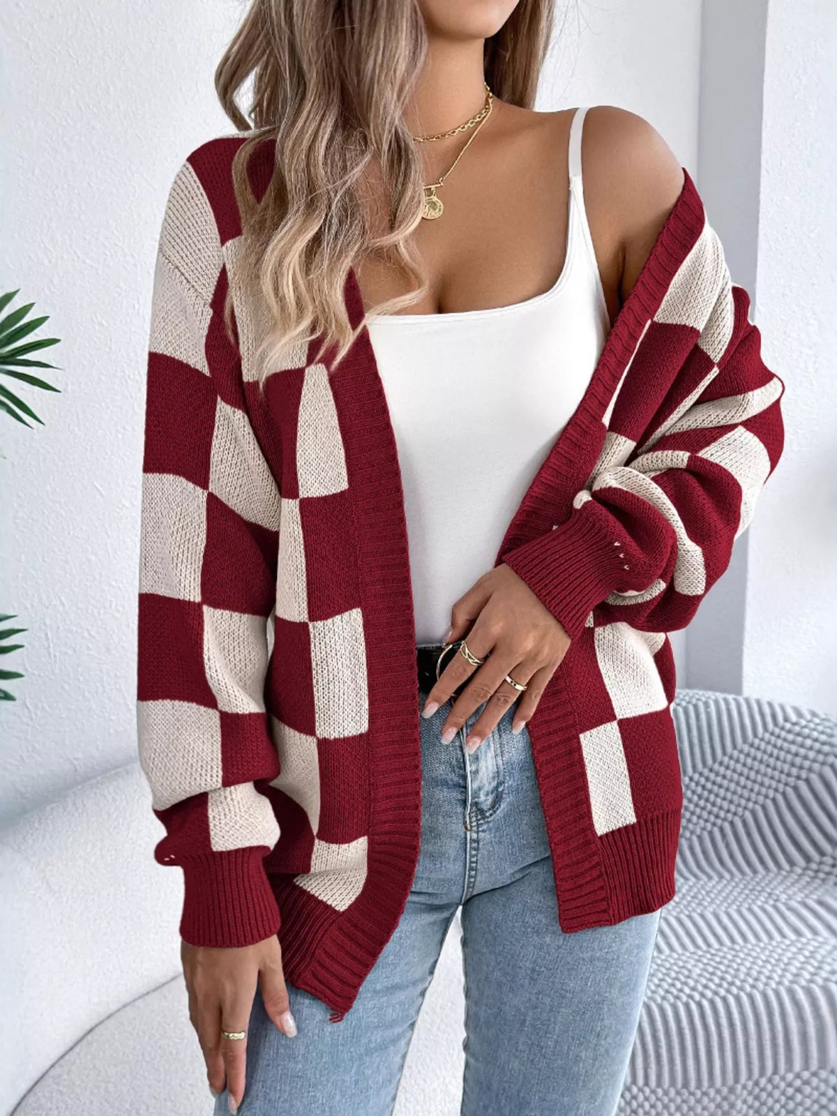 Checkerboard Pattern Open Front Knit Cardigan - Burgundy - View 1