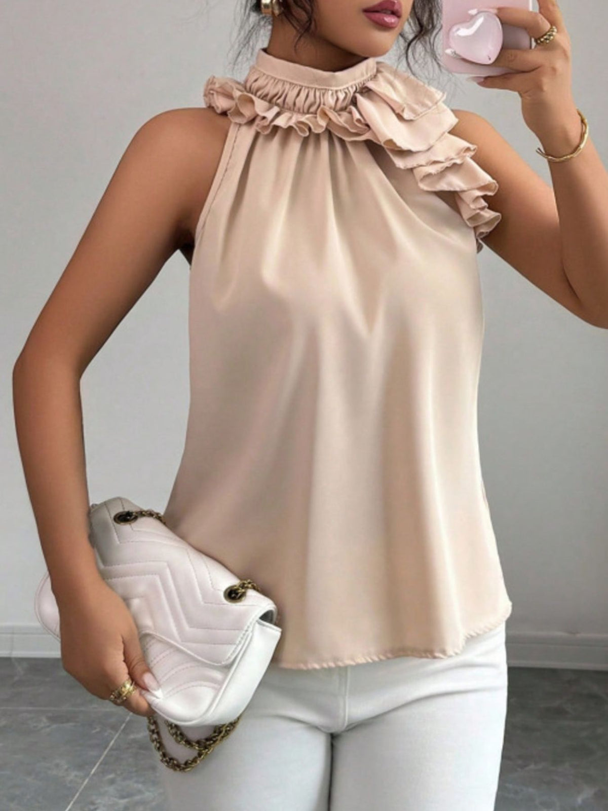 Ruffle High Neck Sleeveless Top - Apricot - View 6