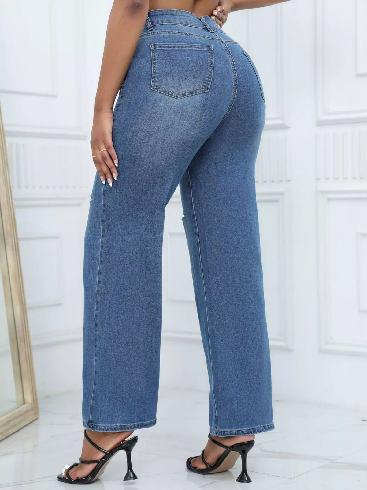 Distressed Wide-Leg Jeans - Dark Blue - View 3