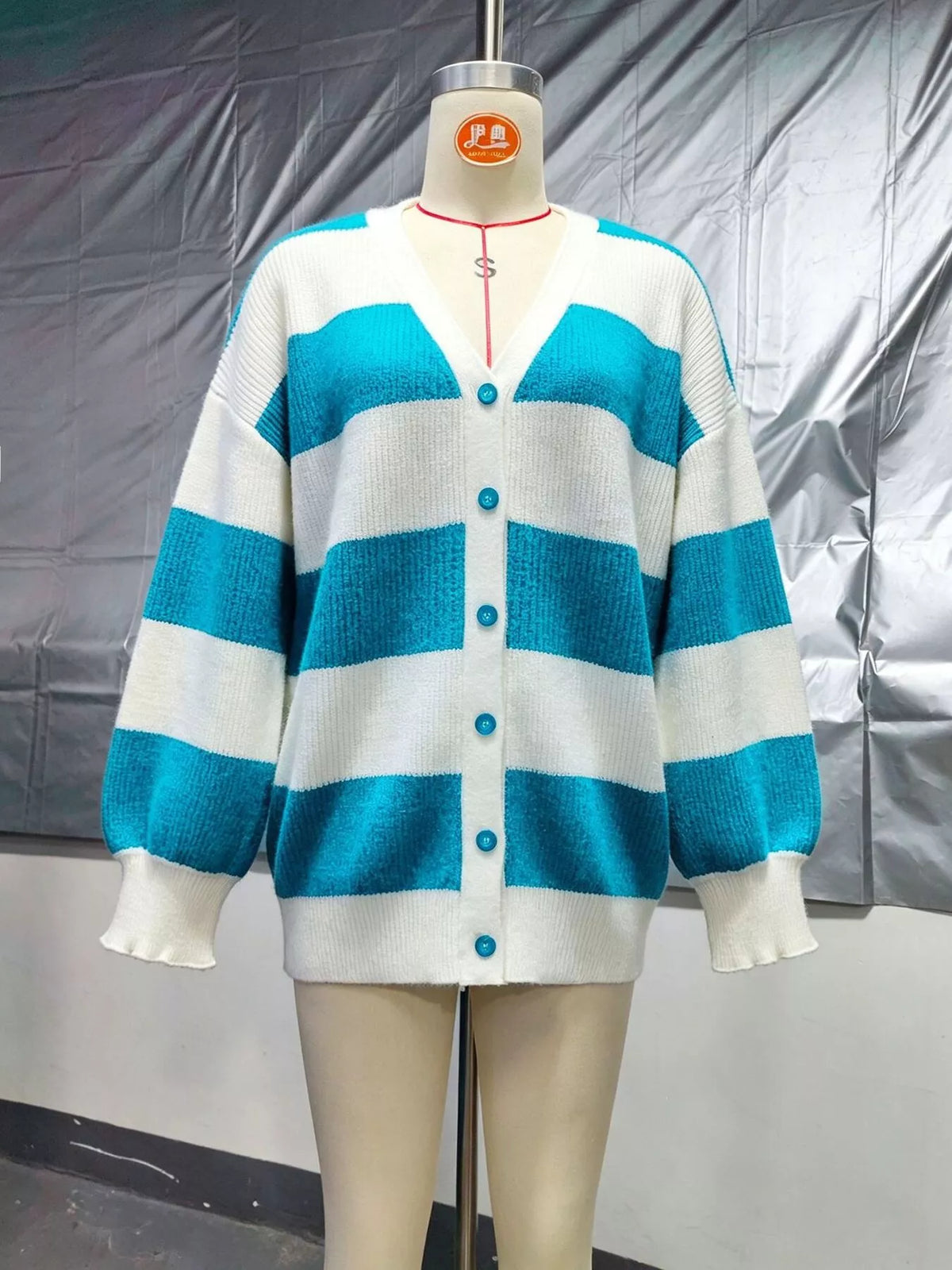 Striped V-Neck Button-Down Cardigan - Sky Blue - View 5
