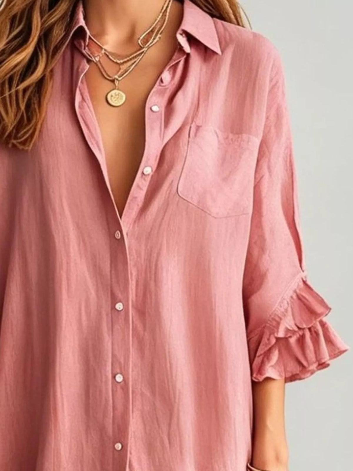 Full Size Ruffled Trim Button-Down Maxi Shirt Dress Plus Size - Pink - View 2