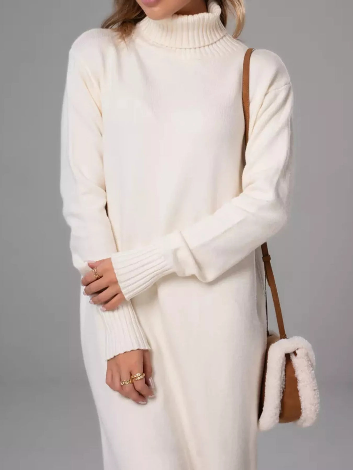 Turtleneck Ribbed Knit Sweater Dress - White - View 12