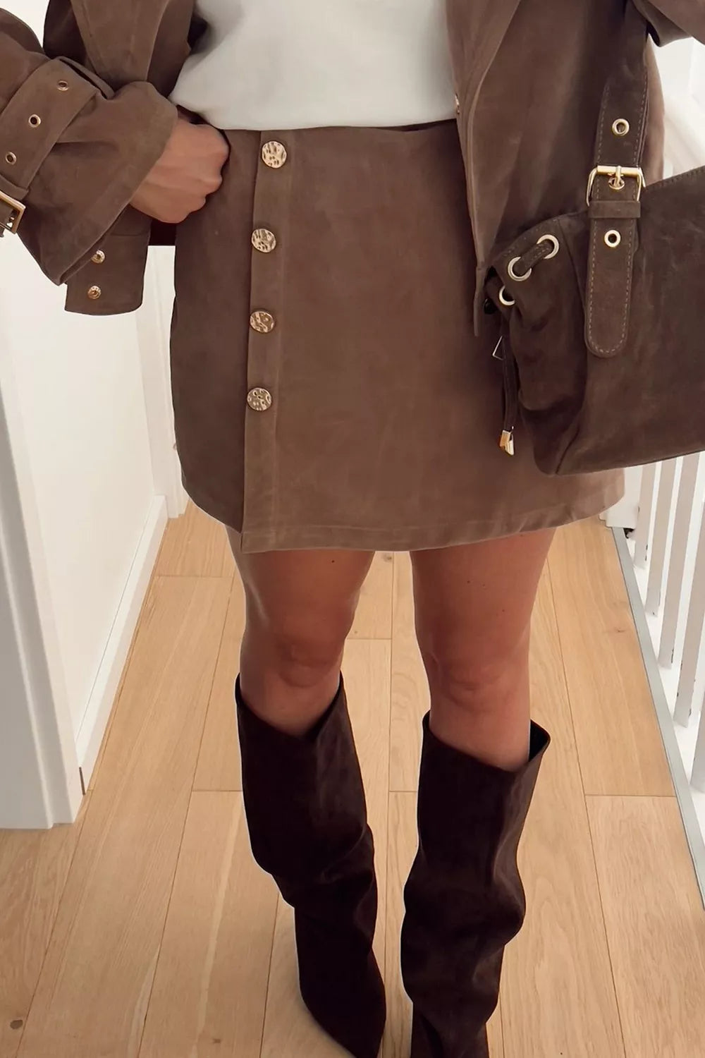 Button-Front Mini Skort - Brown - View 1