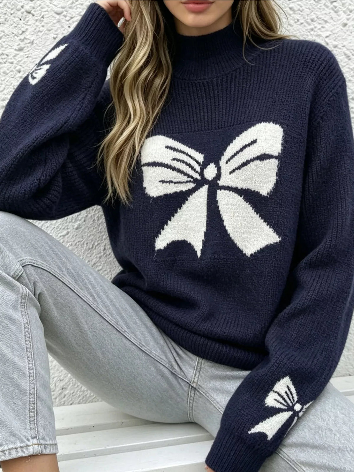 Bowknot Pattern Mock Neck Sweater - Blue - View 4