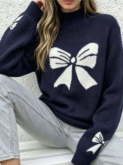 Bowknot Pattern Mock Neck Sweater - Blue - View 4