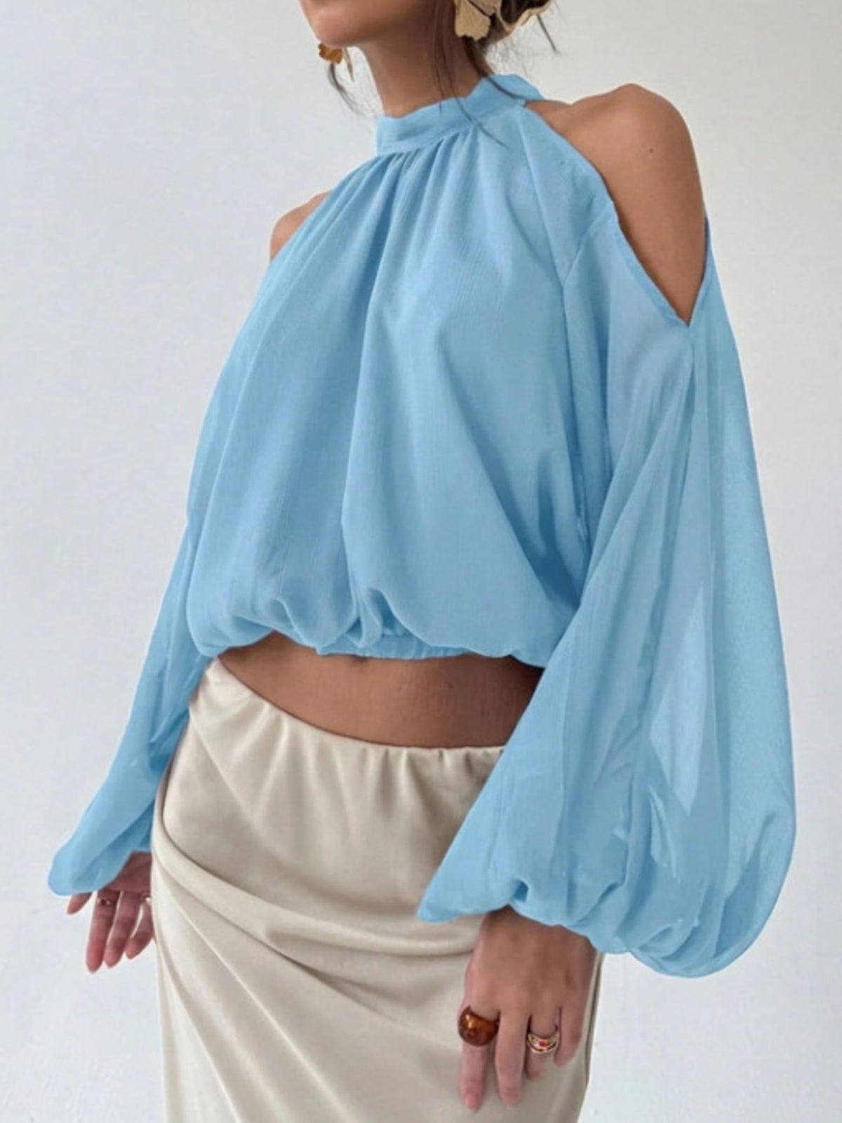 Cold-Shoulder Long Sleeve Blouse - Light Blue - View 3