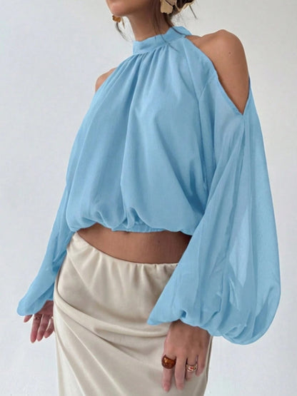 Cold-Shoulder Long Sleeve Blouse - Light Blue - View 3