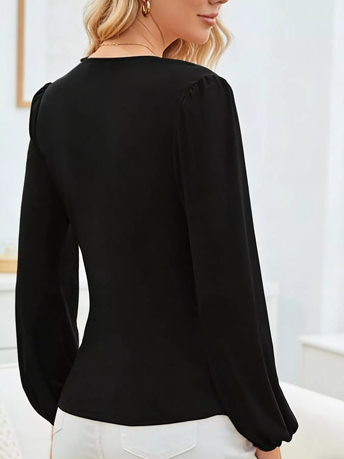 Long Sleeve Ruched Blouse - Black - View 4