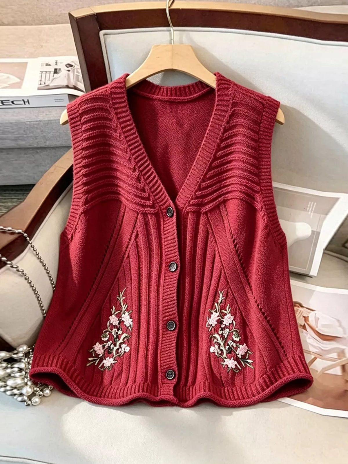 Floral Embroidered V-Neck Button-Down Sweater Vest - Deep Red - View 1