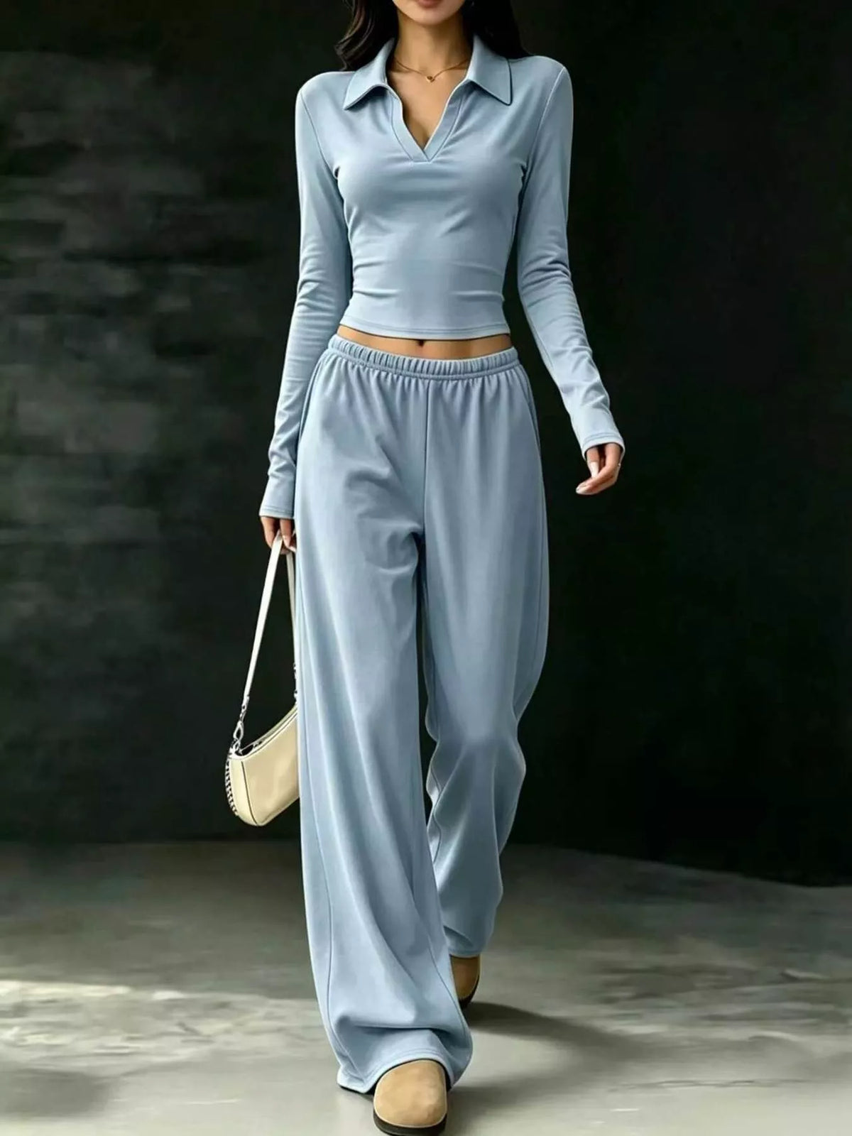 Long-Sleeve Polo Top and Wide-Leg Pants Set - Sky Blue - View 11