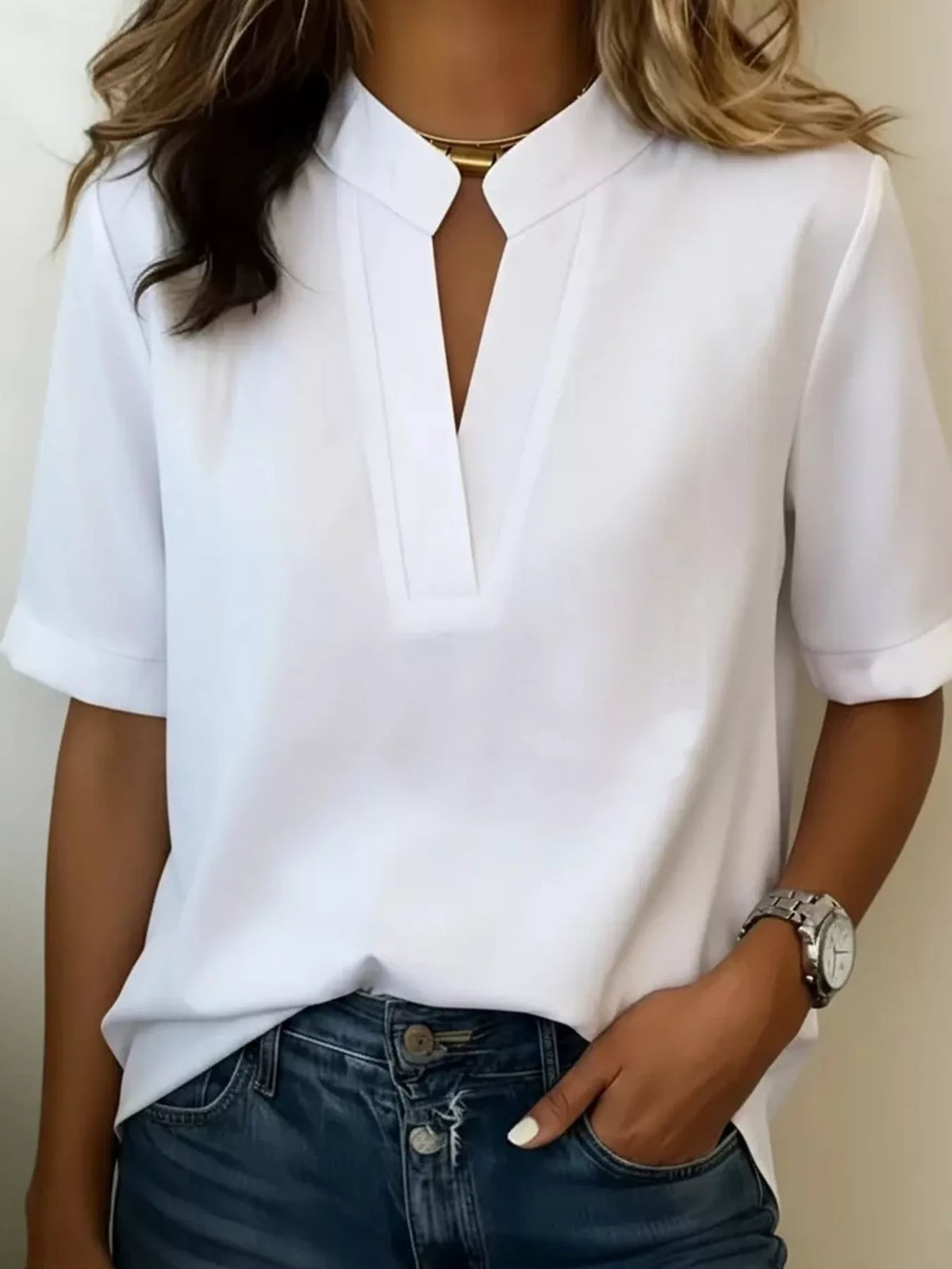 Full Size Notched Short Sleeve Blouse Plus Size - White - View 12