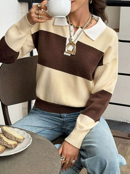 Color Block Polo Collar Knit Sweater - Brown And Yellow Stripes - View 1