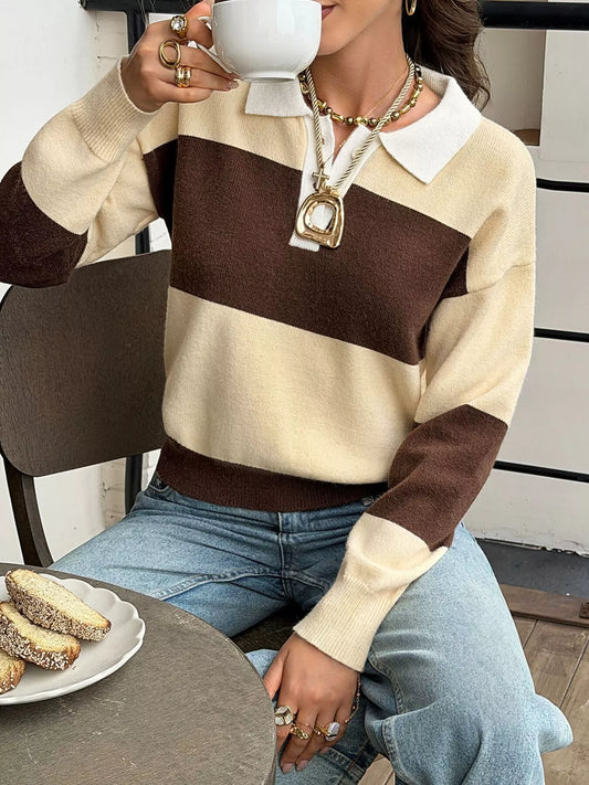 Color Block Polo Collar Knit Sweater - Brown And Yellow Stripes - View 1