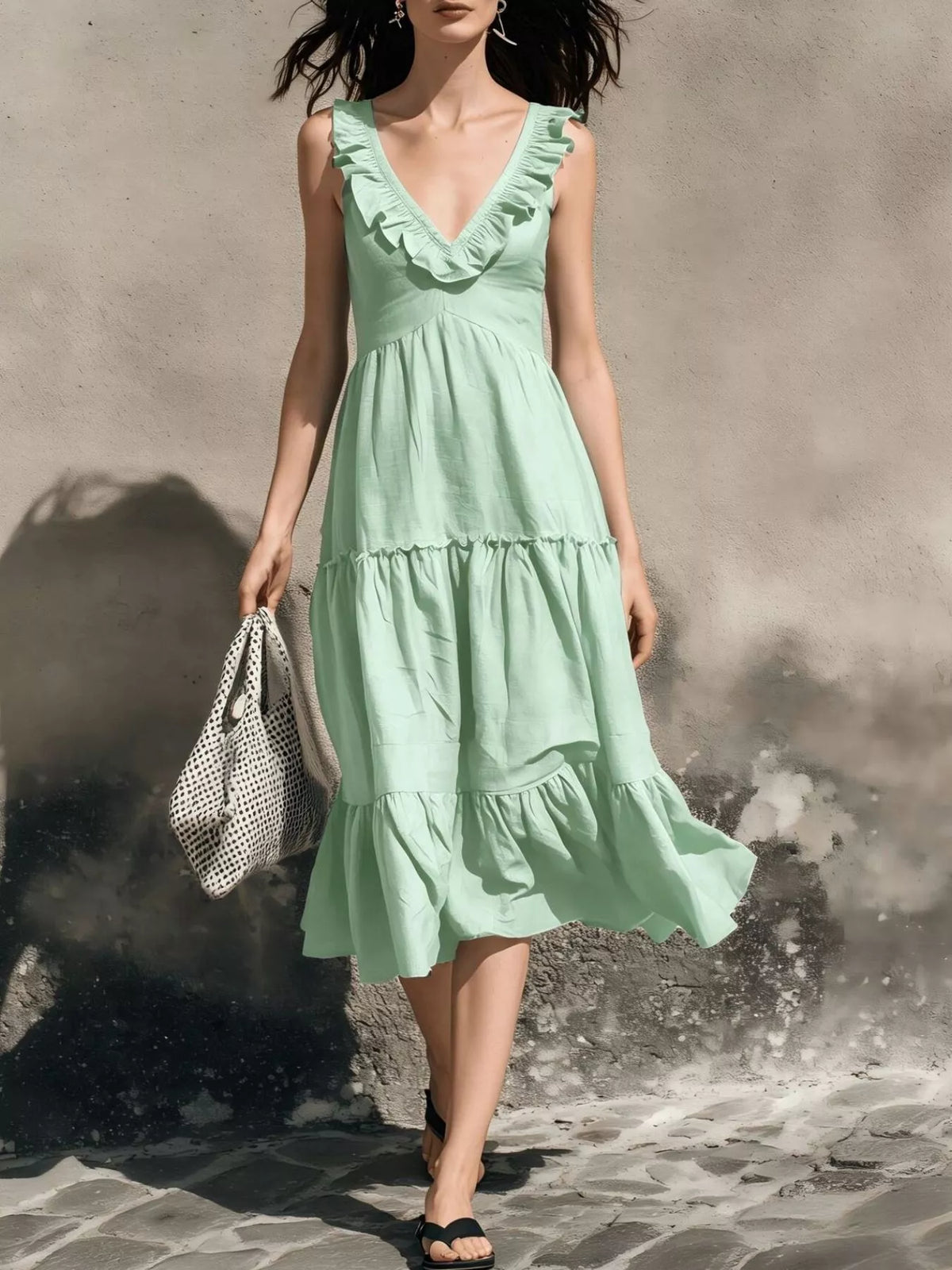 Full Size Ruffled V-Neck Tiered Midi Dress Plus Size - Light Green - View 1