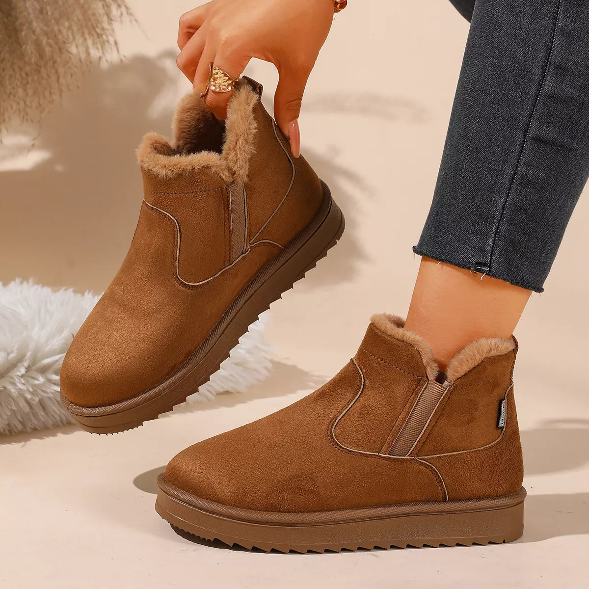 Plush Lined Winter Ankle Boots - Camel - View 3