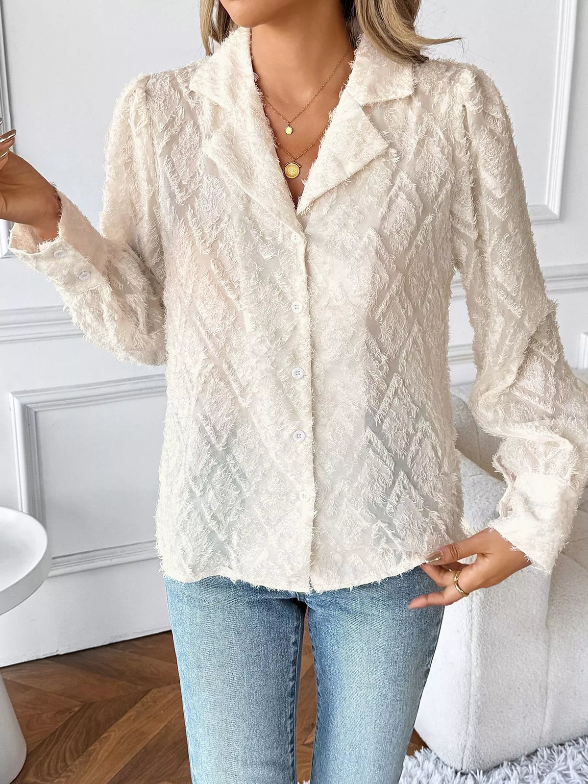 Textured Long Sleeve Button-Up Shirt - Apricot - View 5