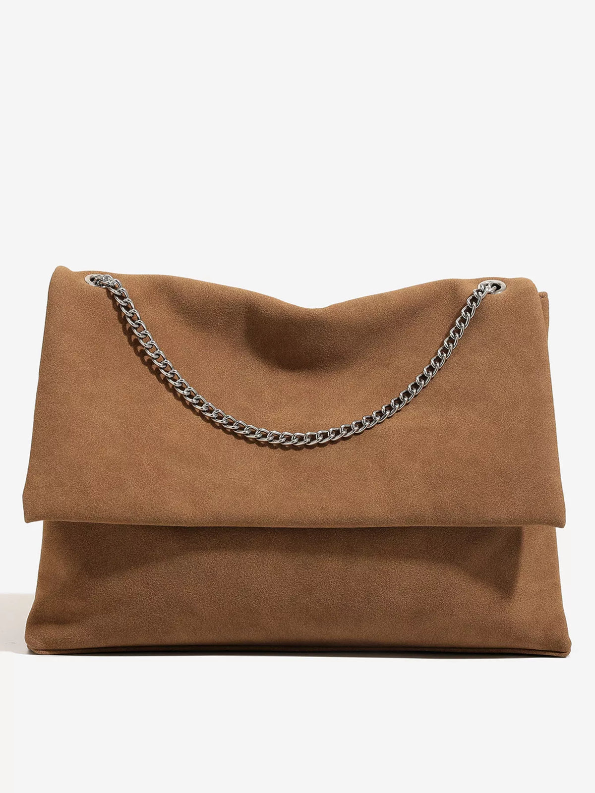 Suede Shoulder Bag with Metallic Chain Strap - Brown - View 3