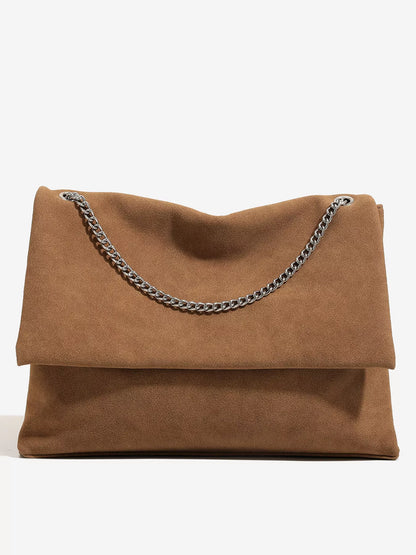 Suede Shoulder Bag with Metallic Chain Strap - Brown - View 3