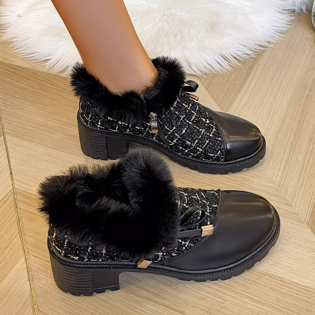 Round Toe Block Heels Boots - Black Hairy Mouth - View 6
