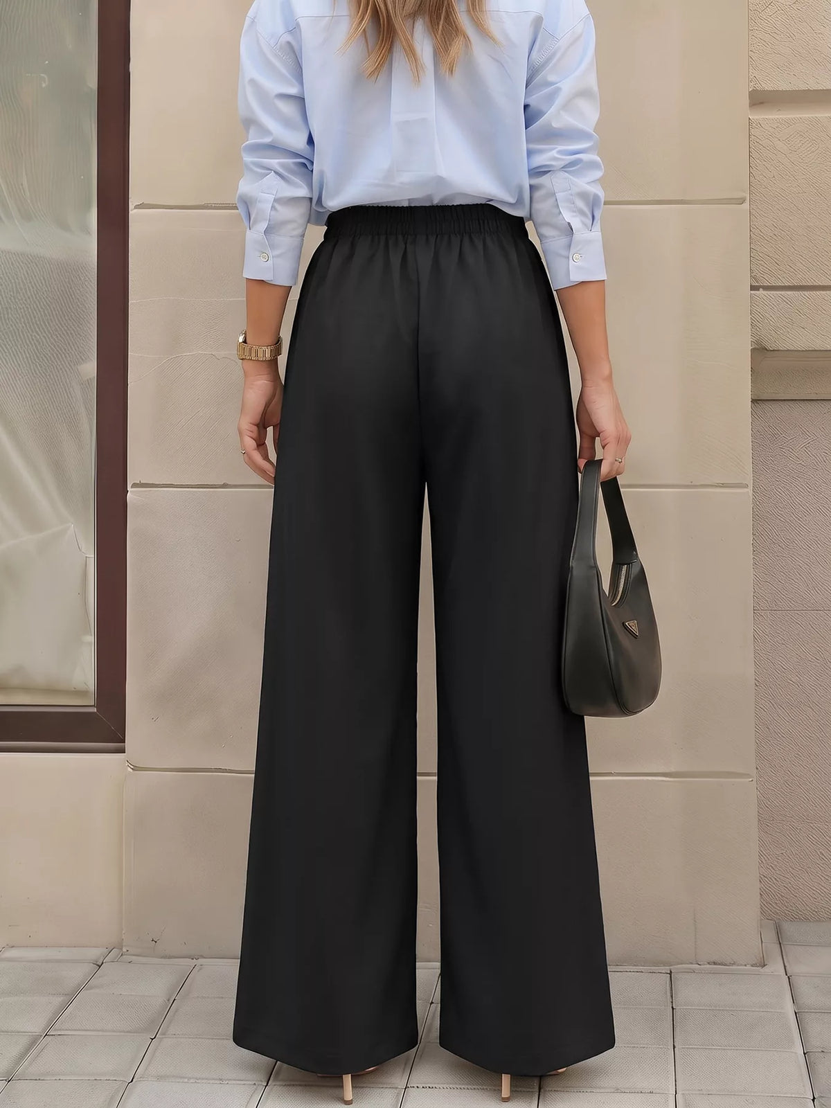 Wide-Leg Pants with Overlap Front Detail - Black - View 5