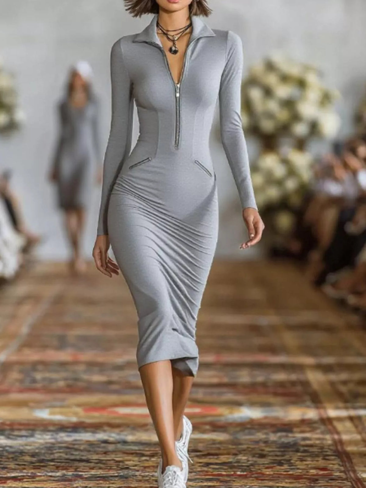 Full Size Zip-Front Bodycon Midi Dress Plus Size - Gray - View 1