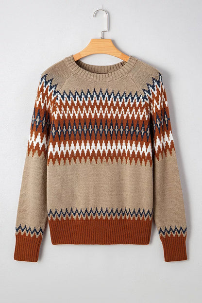 Geometric Pattern Long Sleeve Sweater - Taupe - View 7